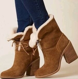 UGG AUSTRALIA ‘JERENE’ CHESTNUT SUEDE SHEEPSKIN HIGH HEELS Size 7 | $329